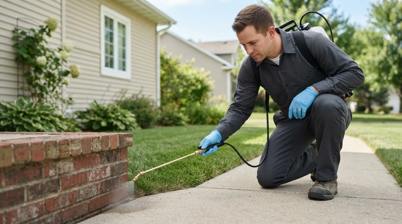 Pest control technician treating a home near Nikolski, AK
