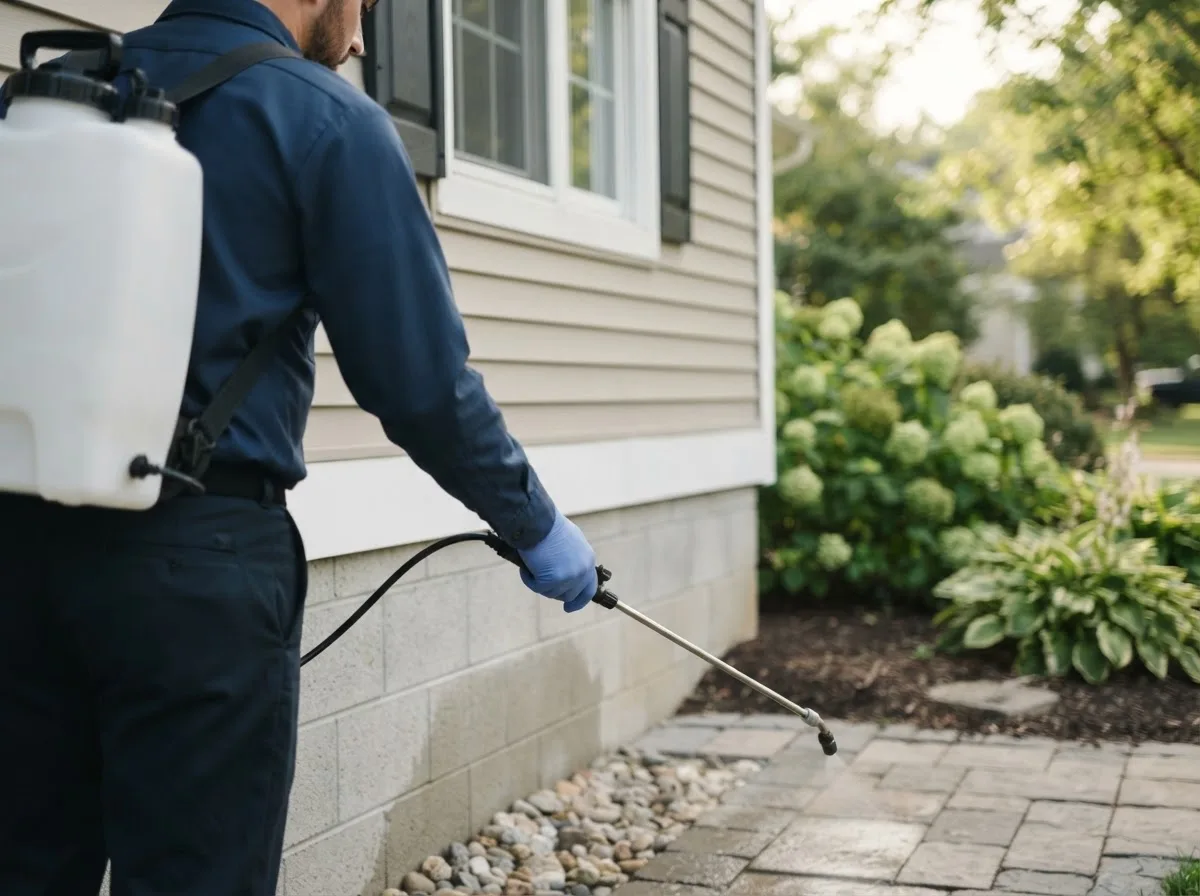 Pest control technician inspecting a home in Nikolski, AK